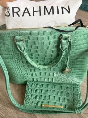 Brahmin Mint Green Croc-Embossed Leather Tote